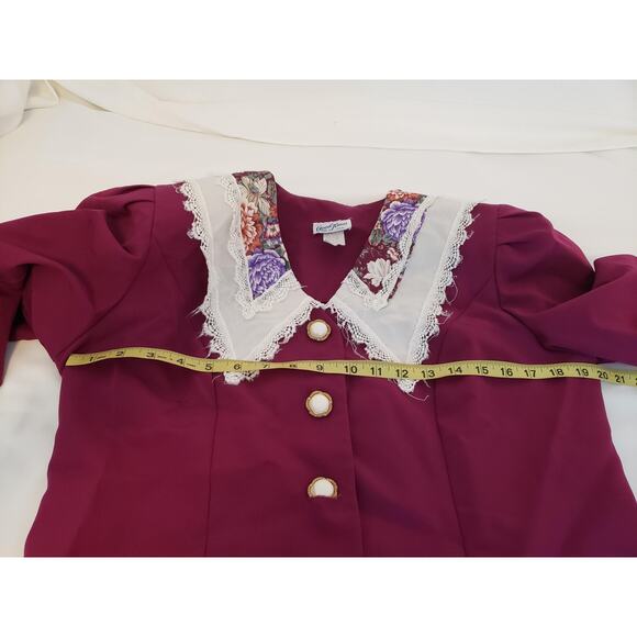 VINTAGE Jacket Blouse Womens 14P Burgundy Lace Hanky Collar Floral 80s Buttons - Picture 6 of 12